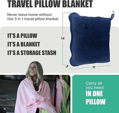 TAKE Off Travel Pillow and Blanket Set with Water Bottle Pockets and Zippered Storage for Travel Essentials – Compact Fleece Throw in a Soft Pillow Case with Luggage Sleeve. Fits 3 Days of Clothes