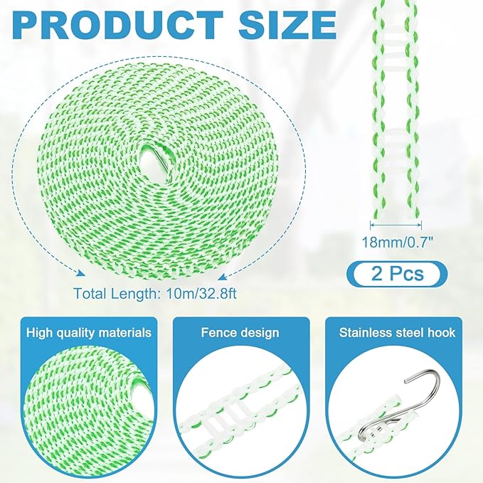 uxcell 2 Pcs Portable Travel Clothesline, 32.8ft Clothes Line Outdoors Travel Hanger Foldable Clothesline Rope with Hooks for Camping Hotel Backyard Home Cruise Ship, Green