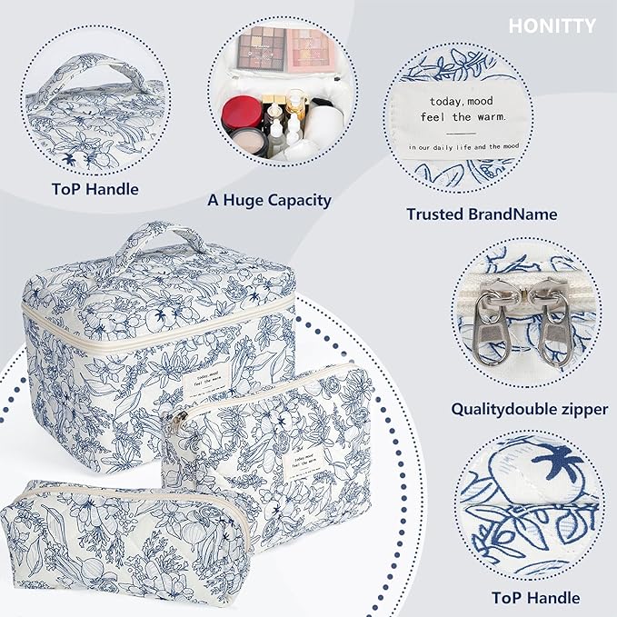 Makeup Bag,Quilted Cosmetic Bags,Large Floral Make Up Organize bag,Makeup Bag Set for Women,Flower Travel Toiletry Bag