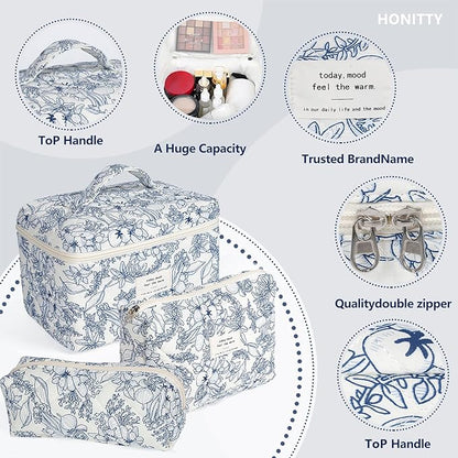 Makeup Bag,Quilted Cosmetic Bags,Large Floral Make Up Organize bag,Makeup Bag Set for Women,Flower Travel Toiletry Bag