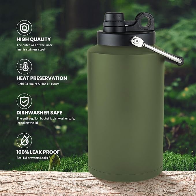 1 Gallon Water Jug Bottle Insulated with Straw, 128oz Stainless Steel Water Bottle Jug Wide Mouth Double Vacuum Dishwasher Safe BPA Free for Hot & Cold Drinks Army Green