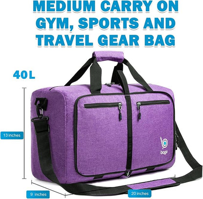 Bago Foldable Duffel Bags for Traveling Women & Men - 40L Sports Packable Duffle Bag for Travel with Shoe Compartment - Water Repellant, Heavy Duty, Lightweight Folding & Collapsible (SnowDepPurple)