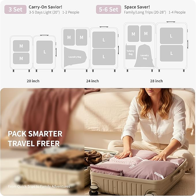 Cipway Compression Packing Cubes for Travel Ultralight Expandable Packing Organizers with Laundry & Toiletry Bag for Carry on Luggage (Mauve Pink 6 Set)