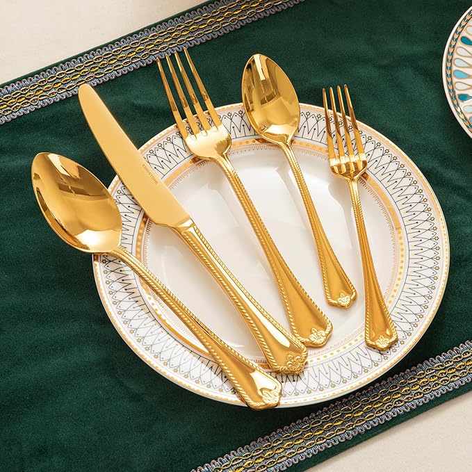 KINGSTONE Gold Silverware Set, 20-piece 18/10 Stainless Steel Flatware Set Cutlery Set for 4, for Kitchen, Home, Wedding, Party, Mirror Polished and Dishwasher Safe, Featured Gifts