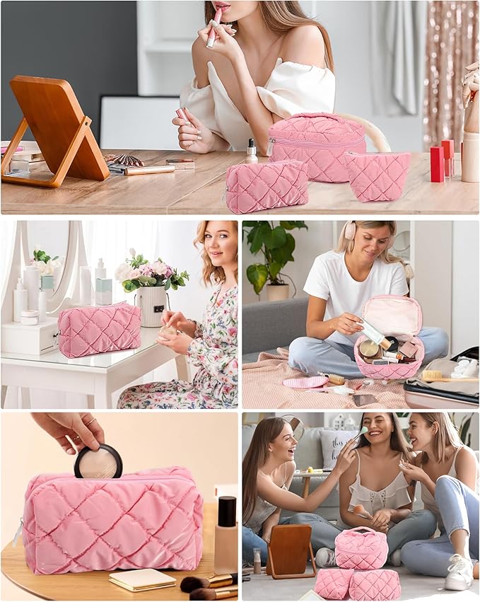 Travel Makeup Bag for Women, Large Waterproof Cosmetic Organizer with 3-piece Set, Toiletry Bag for Gym/College/Gifts | Cute Aesthetic Design (Pink)