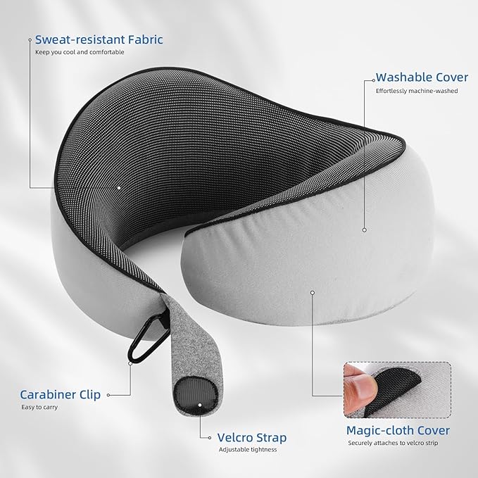 Travel Pillow, Memory Foam Neck Pillow Airplane for Long Flights, Portable Plane Cars Sleeping Travel Accessories with Eye Masks Earplugs (Black)