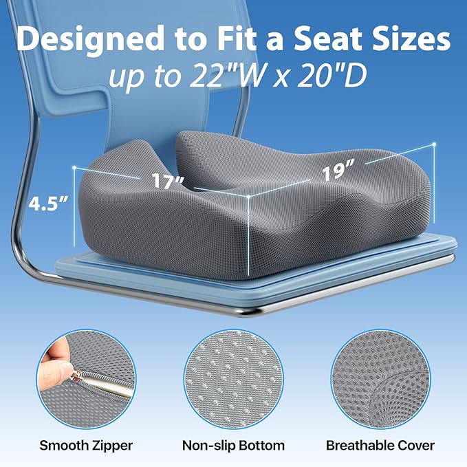 Seat Cushion, Extra Large Memory Foam Cushion for Office Chair Cushions, Ergonomic Cushions Pad Pillow for Pressure Relief Sciatica & Pain Relief for Long Sitting, Grey