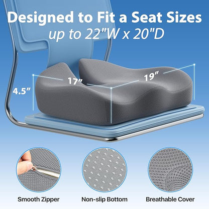 Seat Cushion, Extra Large Memory Foam Cushion for Office Chair Cushions, Ergonomic Cushions Pad Pillow for Pressure Relief Sciatica & Pain Relief for Long Sitting, Grey