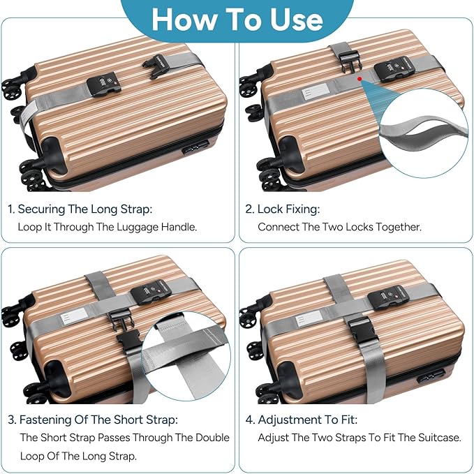 Travel Inspira Travel Belt for Luggage, TSA Approved Luggage Straps, 3-Dial Combination Locks Adjustable Suitcase Belt, Quick-Release Buckle (Grey)