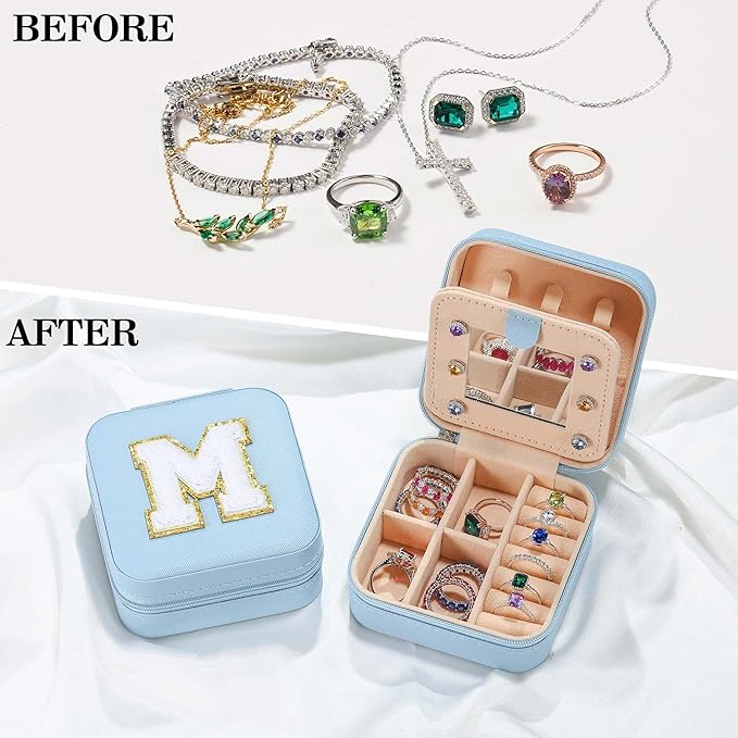 Parima Mom Gifts for Women, Travel Jewelry Case for Mother Gifts | Travel Gifts for Mother Mom from Daughters | Travel Essentials Small Jewelry Box | Jewelry Travel Organizer - Letter T, Sky Blue