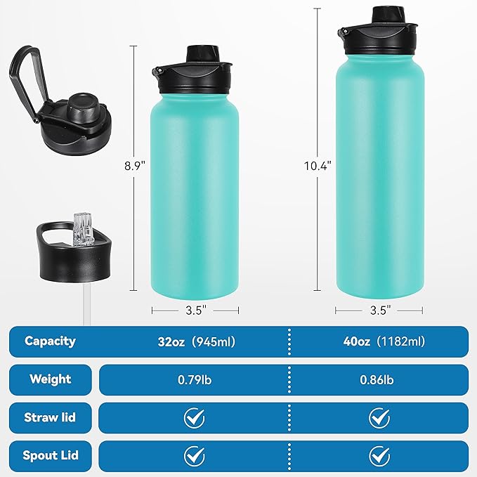 VEGOND 32 oz Insulated Water Bottle Bulk Stainless Steel Metal Water Bottles with Leak Proof Straw Lid & Spout Lid, Wide Mouth Double Walled Vacuum Travel Sports Bottle, 4 Pack