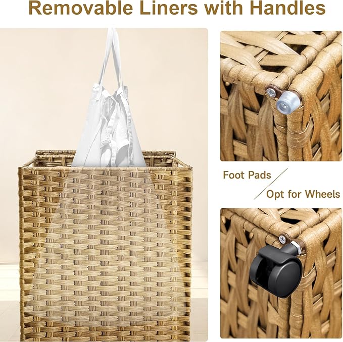 88L Slim Laundry Hamper with Wheels, 23.3 Gallon Rolling Laundry Basket with Lid, Tall and Narrow Laundry Hamper with 2 Removable Liner & 3 Mesh Bags, Laundry Sorter for Bathroom, Natural