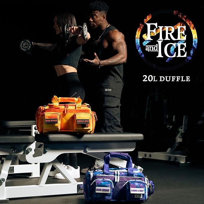 WOLFpak 20L Mini Duffle Bag for Gym & Travel | Waterproof Carry-On Weekender Bag with Shoe Compartment, Hard Bottom, and Tactical Molle System (Fire)