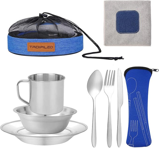 Stainless Steel Camping Cutlery Set - 8 Piece, Includes Spoons, Mugs, Bowls, Plates, Rags & Organizer Straps - Easy to Carry for Backpacking, Camping, Hiking and Picnics