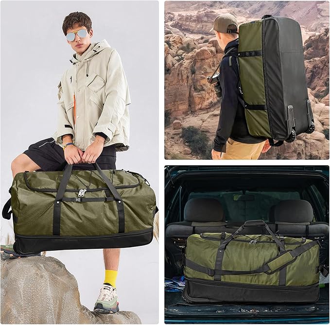 32” 1680D Oxford Foldable Duffle Bag with 2 Wheels,110L to 140L Expandable Soft Sided Rolling Travel Bag,Army Green
