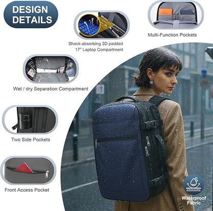 Vacuum Backpack Travel 60L Expandable Vacuum Seal Compression Travel Backpack with Pump, TSA, Waterproof Oxford,17" Laptop Compartment,Carry On Backpack for Men & Women,Business,Flight Travel(Blue)