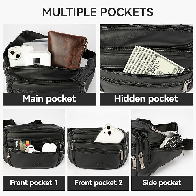 Leather Fanny Pack for Men Women,Genuine Leather Waist Belt Bag with Adjustable Strap Belt Hip Bag with Multi-Pockets for Travel Sports Running Cycling Hiking