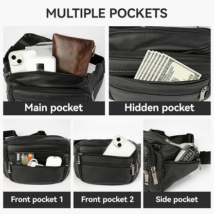 Leather Fanny Pack for Men Women,Genuine Leather Waist Belt Bag with Adjustable Strap Belt Hip Bag with Multi-Pockets for Travel Sports Running Cycling Hiking