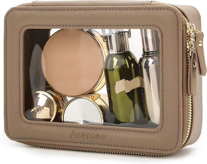 Aveniee Clear Makeup Bag Organizer, Travel Toiletry Bag Cosmetic Case for Women, Portable Make Up Skincare Pouch Car Organizer Bag with Zippers for Essentials,Taupe