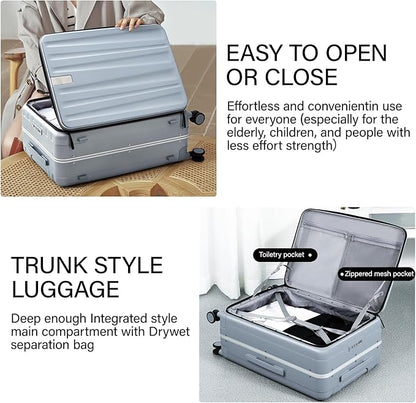 Hanke 24 Inch Checked Luggage Front Opening Rolling Suitcase Hard Sided Luggage with Spinner Wheels for Travel Woman Men.(Grey)