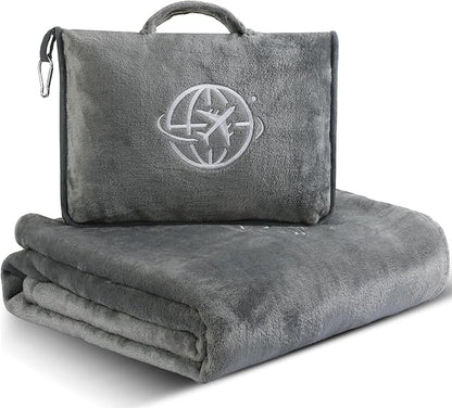 2-in-1 Travel Blanket and Pillow – Lightweight, Compact, Ultra Soft, Machine Washable – Handle, Luggage Sleeve, Backpack Clip – for Travel Airplane, Car, Office (Gray)