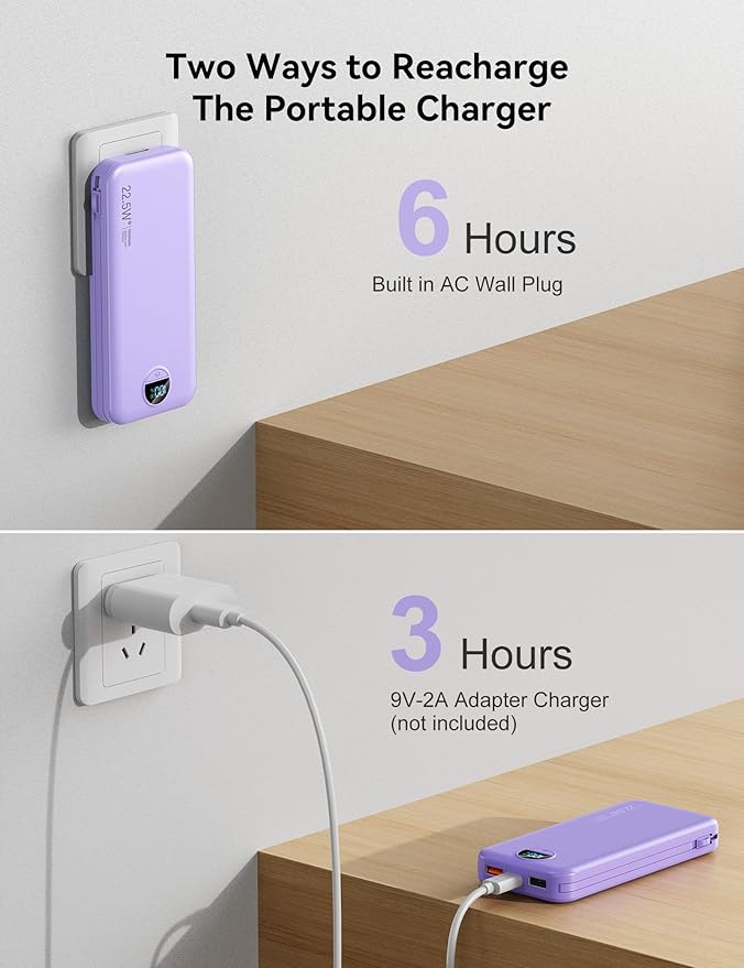 12000mAh Ultra-Portable-Charger-Power-Bank with Built in Cables&AC Wall Plug,PD20W USB-C Fast Charging Cell Phone Charger Battery Pack,LED Display Travel Battery Bank for All iPhone,Samsung,Android