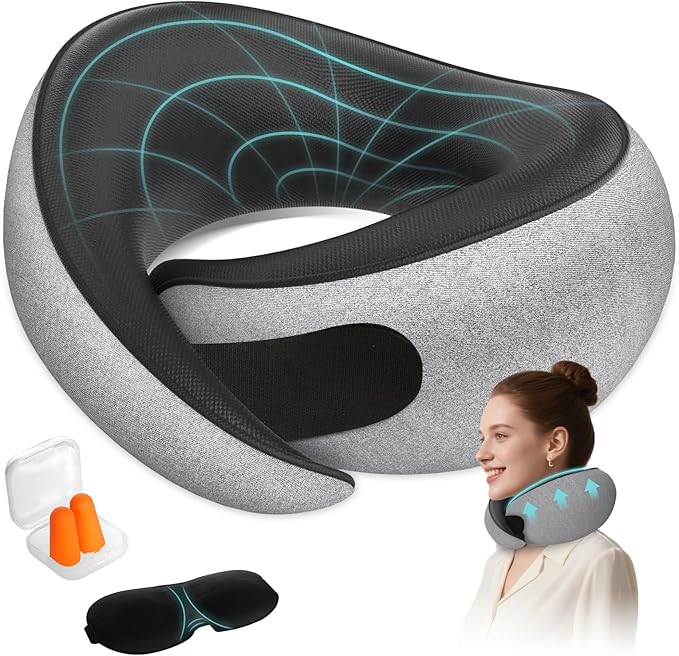 Travel Neck Pillows for Airplanes - 360° Ergonomic Memory Foam Travel Pillow - Relief Neck Pain with Breathable Support for Long Flights, Car, Train & Office Use - Adults & Kids