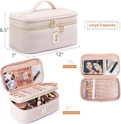 AMOIGEE Initial Makeup Bag Organizer,Personalized Double Layer Train Case, Travel Toiletry Bag for Makeup Brushes for Teens Girl, Skincare Gift Set, Initial Cute Cosmetic Make Up Bag for Women