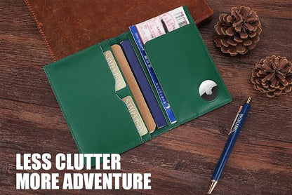 STAR VISTA Albatross Leather Travel Passport Holder, Minimalist Design, Calfskin Leather Case for Women and Men - Slim Passport Wallet, Bifold, RFID Blocking, with AirTag Holder, Green