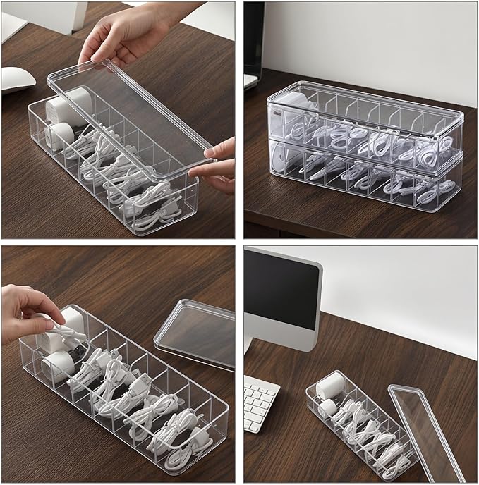 2 Pack Plastic Cord Organizer Box with 20 Wire Ties, Electronics Accessories Storage Case, Clear Cell Phone Cord Storage Organizer with 8 Compartments for Home Office Desk Organizers