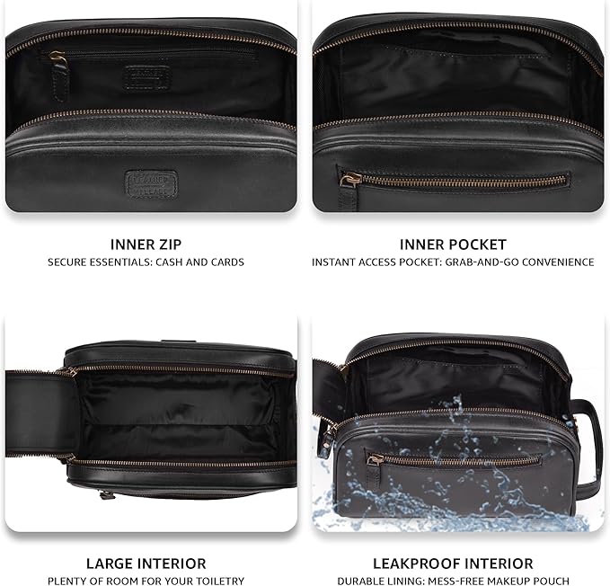LEATHER VILLAGE Premium Leather Toiletry Travel Pouch With Waterproof Lining - Black | King-Size Handcrafted Vintage Dopp Kit Bag, Shaving & Bathroom Organizer, Gift for Men & Women