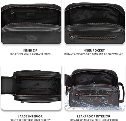 LEATHER VILLAGE Premium Leather Toiletry Travel Pouch With Waterproof Lining - Black | King-Size Handcrafted Vintage Dopp Kit Bag, Shaving & Bathroom Organizer, Gift for Men & Women
