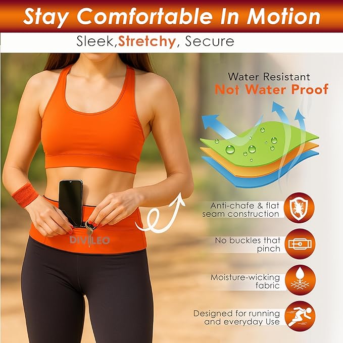 Reflective Running Belt Set – Sweat-Resistant Fanny Pack for Women & Men with Sweatband & Wristband – Phone Holder Waist Pouch for Gym, Travel, Marathon – S/M/L Sizes (Orange, Medium)