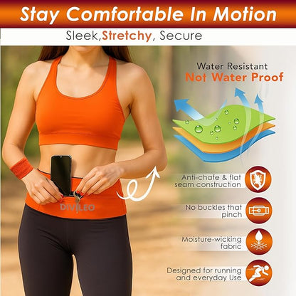 Reflective Running Belt Set – Sweat-Resistant Fanny Pack for Women & Men with Sweatband & Wristband – Phone Holder Waist Pouch for Gym, Travel, Marathon – S/M/L Sizes (Orange, Medium)