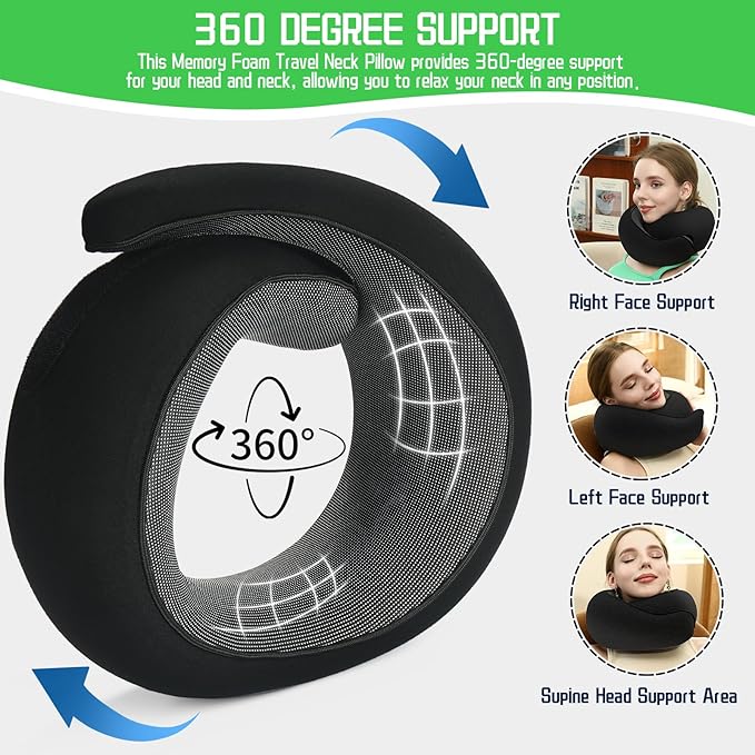 REDOFF®Travel Pillow for Neck Support, Memory Foam Neck Pillow for Airplane, Car, Office - Adjustable Strap with Magic Tape, Breathable & Portable with Storage Bag，It's Good to give Gifts.（Black）