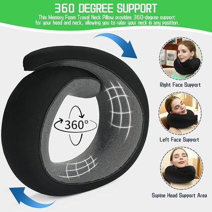 REDOFF®Travel Pillow for Neck Support, Memory Foam Neck Pillow for Airplane, Car, Office - Adjustable Strap with Magic Tape, Breathable & Portable with Storage Bag，It's Good to give Gifts.（Black）