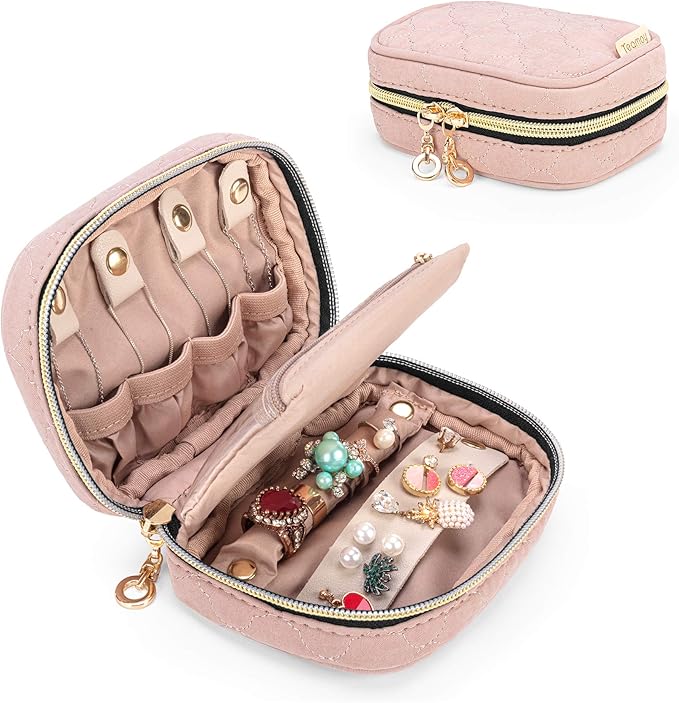 Teamoy Mini Jewelry Travel Case, Storage Organizer Bag for Earrings, Necklace, Rings, Misty Rose