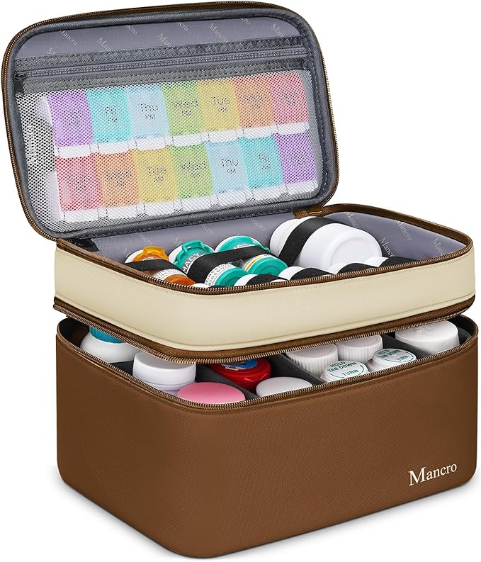 Mancro Dual Layers Medication Travel Case, Pill Bottle Travel Organizer Storage with Lockable Zipper, Medicine Organizer Bag for Pills, Vitamins, Medical Supplies for Home Storage