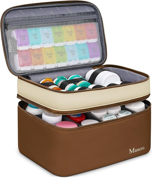 Mancro Dual Layers Medication Travel Case, Pill Bottle Travel Organizer Storage with Lockable Zipper, Medicine Organizer Bag for Pills, Vitamins, Medical Supplies for Home Storage