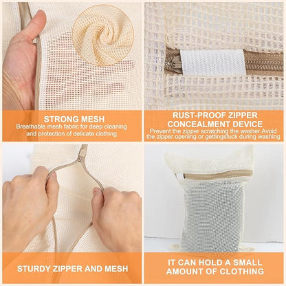 4 Piece Small, Durable Organic Cotton Mesh Laundry Bag with Strong Zipper and Breathable Mesh, Delicate Laundry Bag for Underwear, Clothes, Pants and Socks