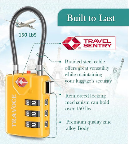 Search Alert TSA Approved Travel Combination Luggage Cable Locks for Suitcase, Gym Locker,Toolbox,Backpack 1,2,4,6 &10 pk (Yellow 4 Pack)