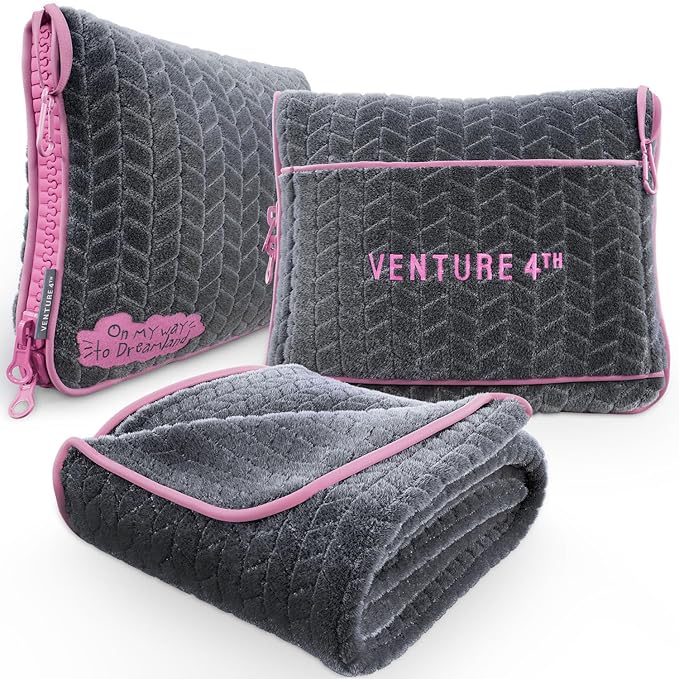 VENTURE 4TH Travel Blanket Pillow – Premium Ultra-Soft & Warm 2-in-1 Blanket or Pillow for Airplane, Car & Bus – Compact, Lightweight & Portable – Lint-Free, No Shedding, No Pilling - Gray/Pink