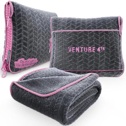 VENTURE 4TH Travel Blanket Pillow – Premium Ultra-Soft & Warm 2-in-1 Blanket or Pillow for Airplane, Car & Bus – Compact, Lightweight & Portable – Lint-Free, No Shedding, No Pilling - Gray/Pink