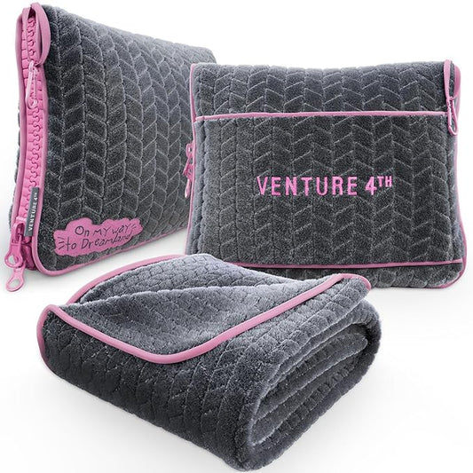 VENTURE 4TH Travel Blanket Pillow – Premium Ultra-Soft & Warm 2-in-1 Blanket or Pillow for Airplane, Car & Bus – Compact, Lightweight & Portable – Lint-Free, No Shedding, No Pilling - Gray/Pink