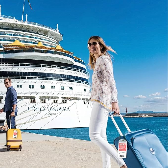 Luggage Tags Essentials 4 Sets with Zip Seal and Steel Loops + 2 Lanyard Detachable ID Holder Badge + 4 Cabin Magnetic Hooks (27lbs) - Fits All Cruise Lines