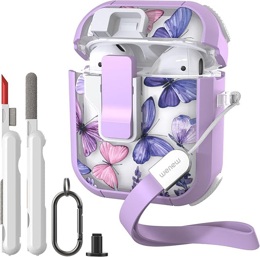 WENEW Case for AirPods 1 & 2 Case Cover Secure Lock Automatic Snap Switch Clip Cleaner Kit Lanyard Women Stylish Flower Armor Hard Shell (Butterfly, AirPods 1st & 2nd)
