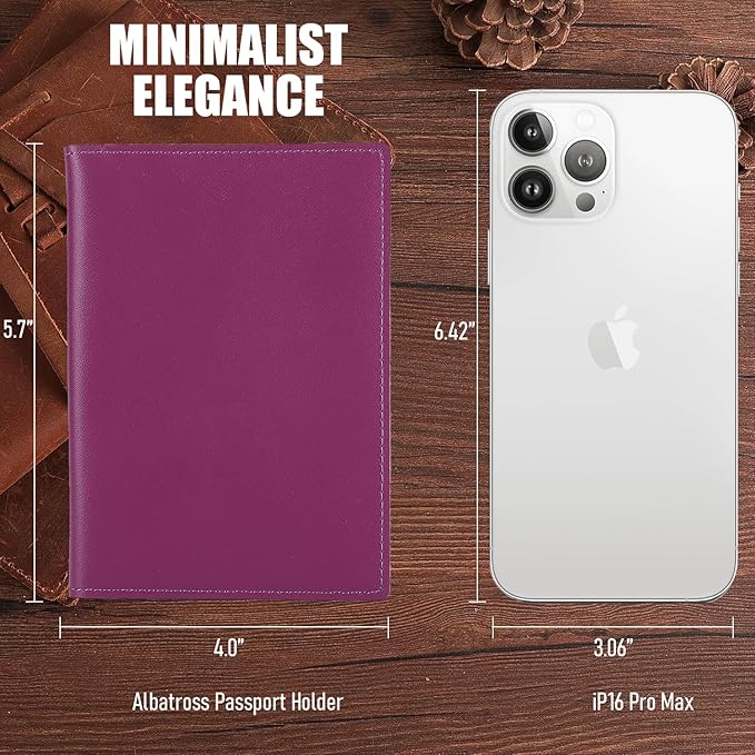 STAR VISTA Albatross Leather Travel Passport Holder, Minimalist Design, Calfskin Leather Case for Women and Men - Slim Passport Wallet, Bifold, RFID Blocking, with AirTag Holder, Violet