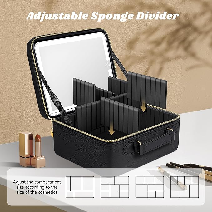 JUSRON Travel Makeup Bag With LED Mirror, Cosmetic Train Case with Light up Mirror, Portable Makeup Artist Organizer Bag with Adjustable Dividers, Makeup Brush Holder Storage (Black, Medium)