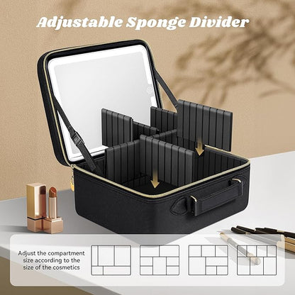 JUSRON Travel Makeup Bag With LED Mirror, Cosmetic Train Case with Light up Mirror, Portable Makeup Artist Organizer Bag with Adjustable Dividers, Makeup Brush Holder Storage (Black, Medium)