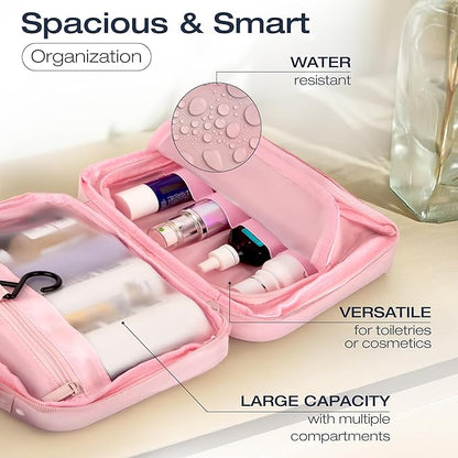 KAZAY Hanging Toiletry Bag with TSA Approved Detachable Pouch, Travel Toiletry Bag, Water Resistant, Premium Nylon, Travel Size Toiletries, Cosmetic Bag, Makeup Bag (Pink)